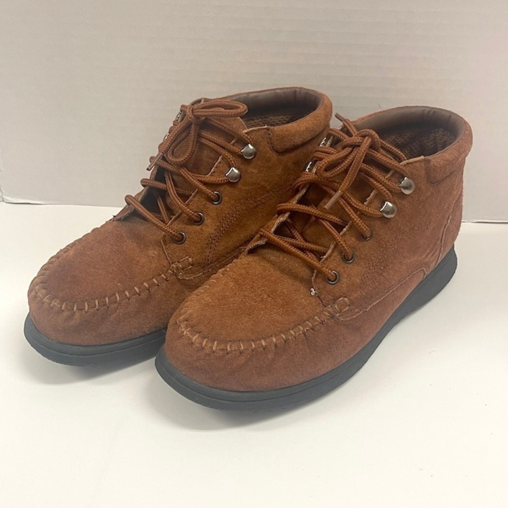 Cheyenne Brown Suede Leather‎ Moccasin Ankle Boots Womens 9 Lace Up Flat Brown